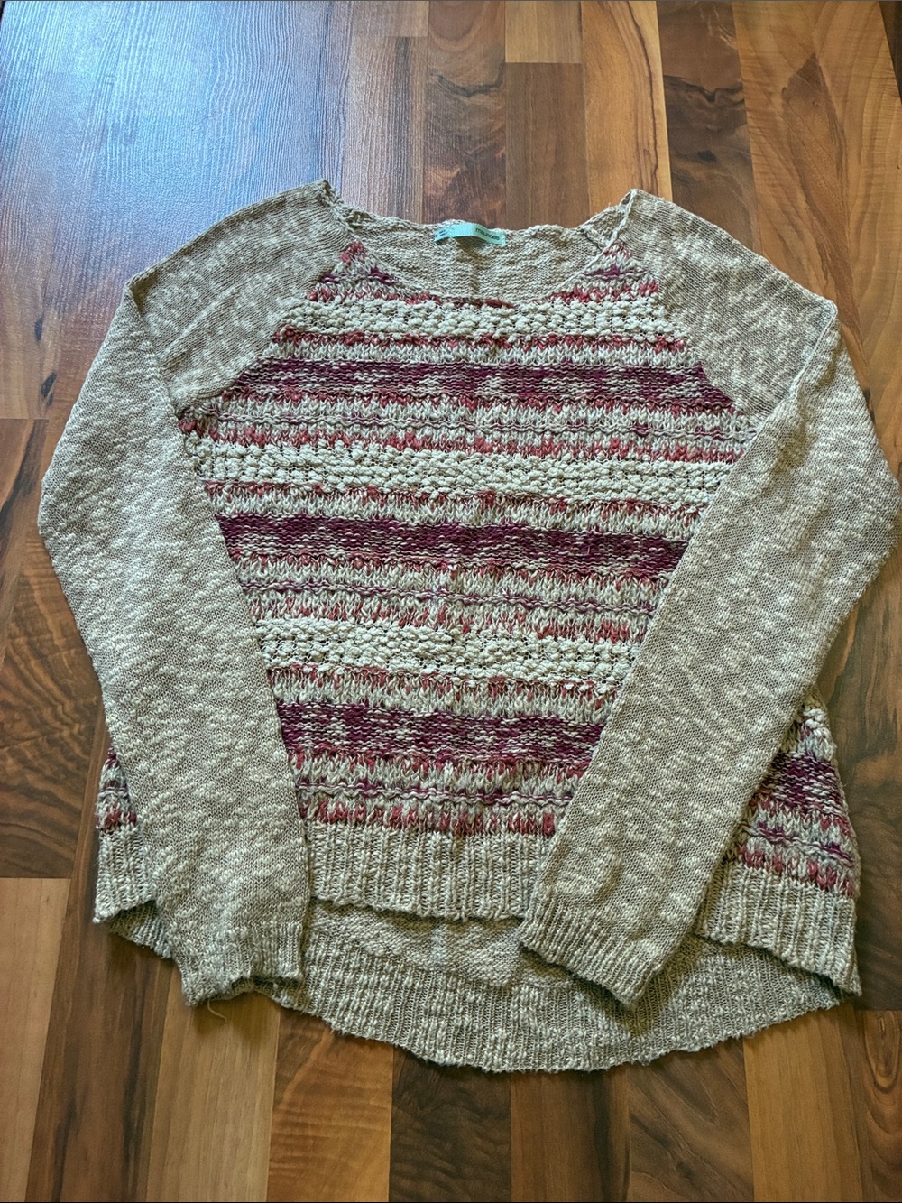 Maurices Beige and Burgundy Striped Crewneck Sweater